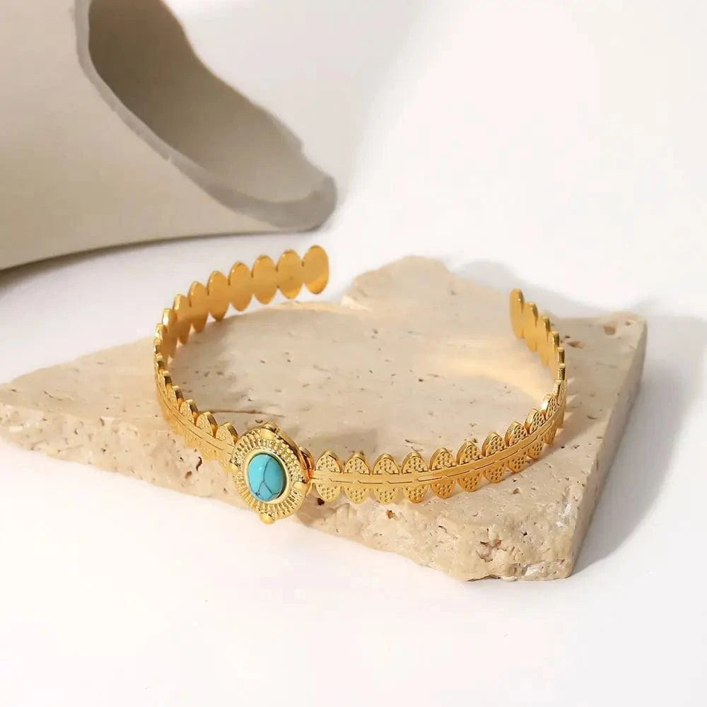 TRENDY / Picture / BR1051 BR1051 18k Gold Plated Stainless Steel Fashion Crown Shape Turquoise Opening Bracelet For Women Jewelry