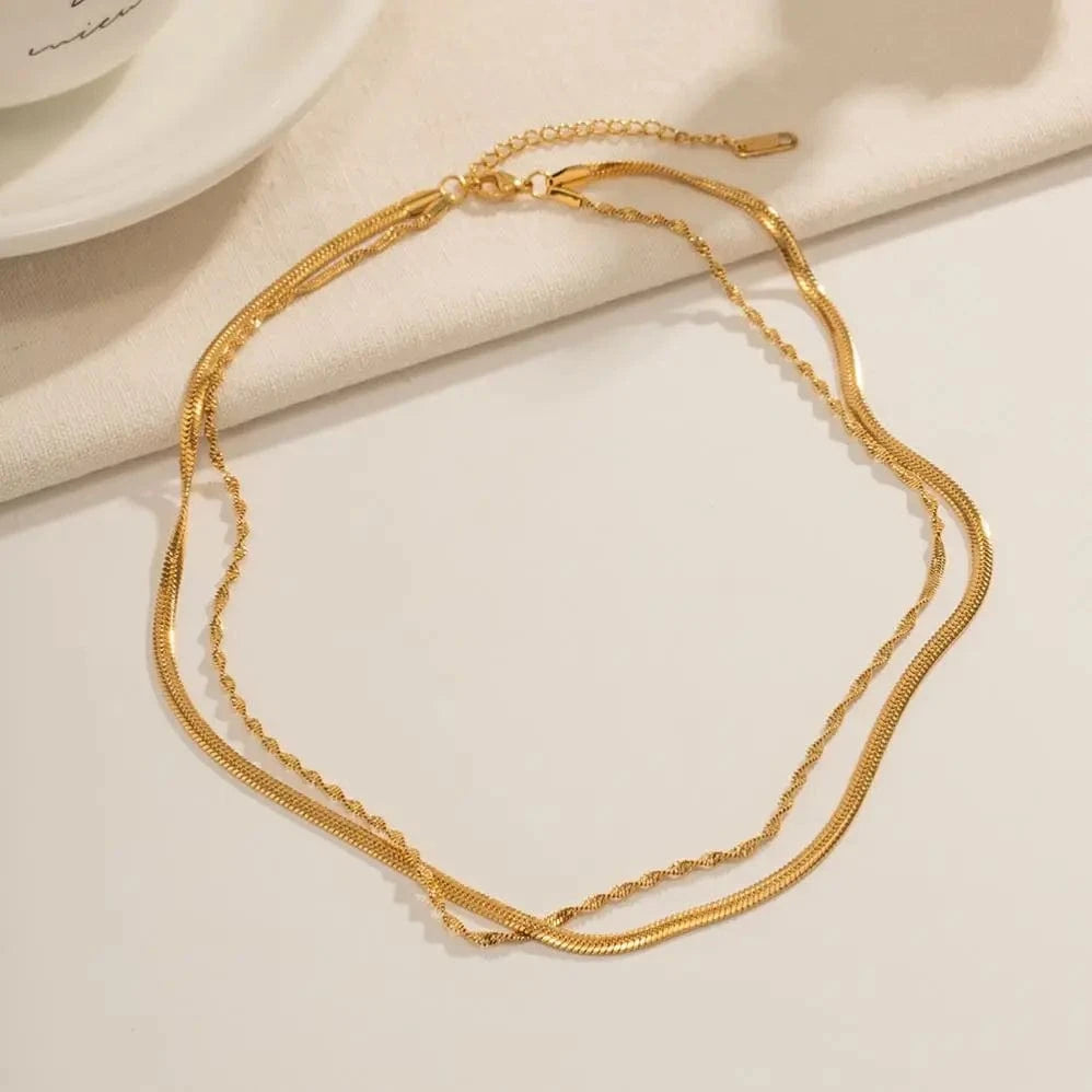 Trendy / Pictures Show / N2260 N2260 Simple 18K Gold Plated Stainless Steel Stacking Jewelry Twist Snaker Chain Double Layer Necklace for Girls