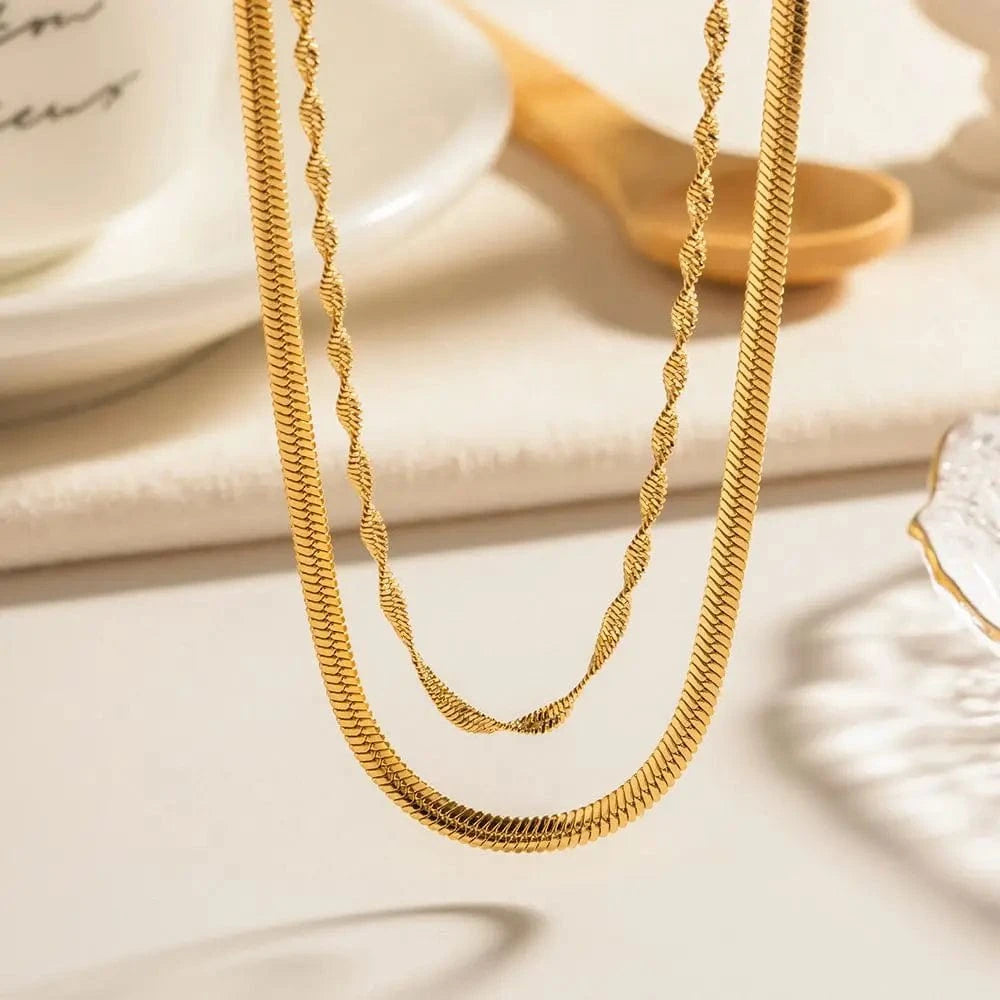 Trendy / Pictures Show / N2260 N2260 Simple 18K Gold Plated Stainless Steel Stacking Jewelry Twist Snaker Chain Double Layer Necklace for Girls