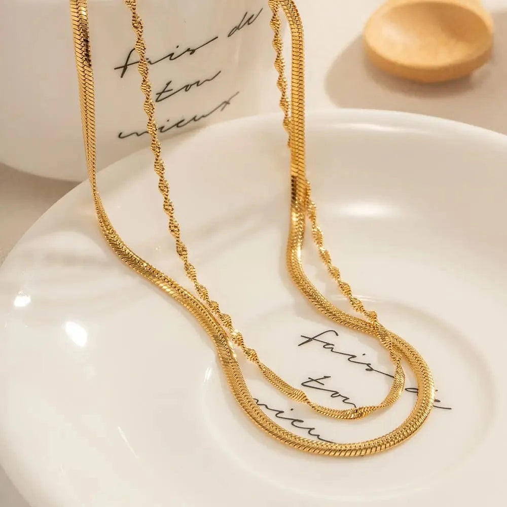 Trendy / Pictures Show / N2260 N2260 Simple 18K Gold Plated Stainless Steel Stacking Jewelry Twist Snaker Chain Double Layer Necklace for Girls