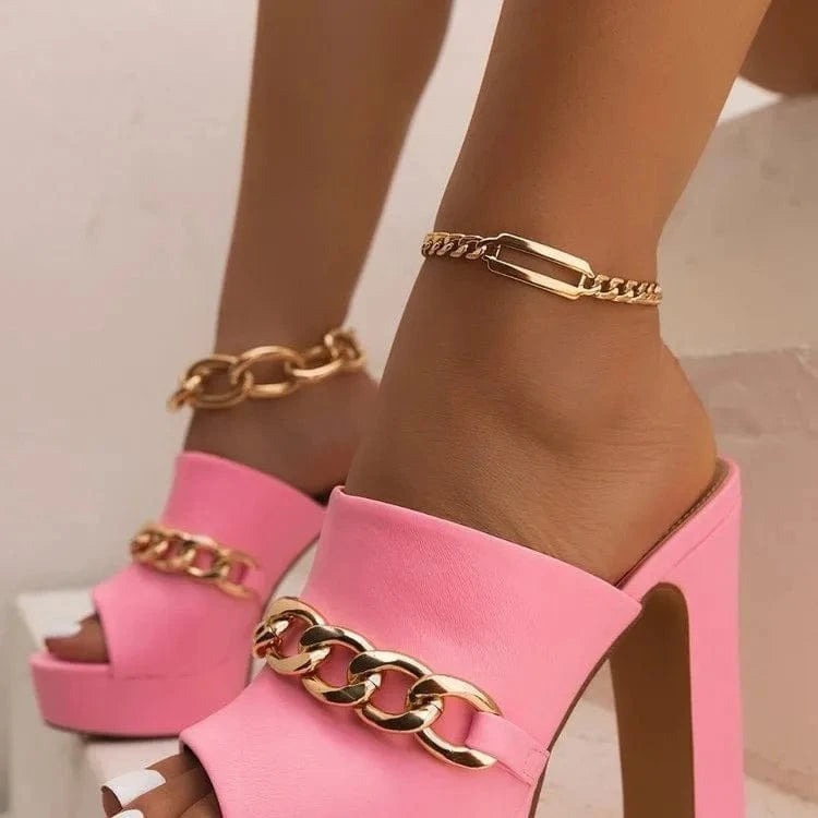 Trendy Platform Sandals Chunky Super High Heels Women Chain Shoes Slingback Peep Toe Slippers Sexy Brief Sandalias Mujer
