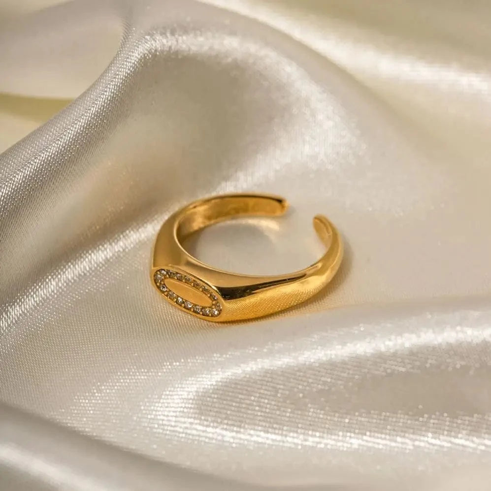 Trendy / R1929 R1929 Arrival 18K Gold Plated Simple Punk Jewelry Stainless Steel Geometric Ellipse Oval Zircon Ring for Women