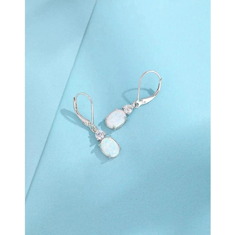 TRENDY / silver Cross-border 925 sterling silver oval opal earrings for women European and American temperament long ear clips earrings
