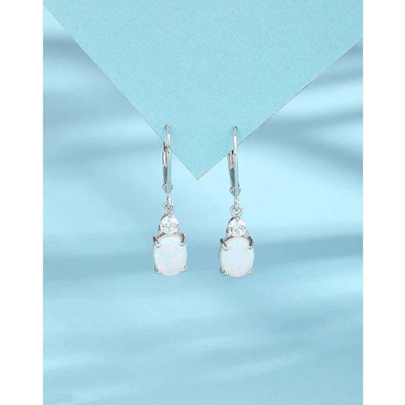 TRENDY / silver Cross-border 925 sterling silver oval opal earrings for women European and American temperament long ear clips earrings