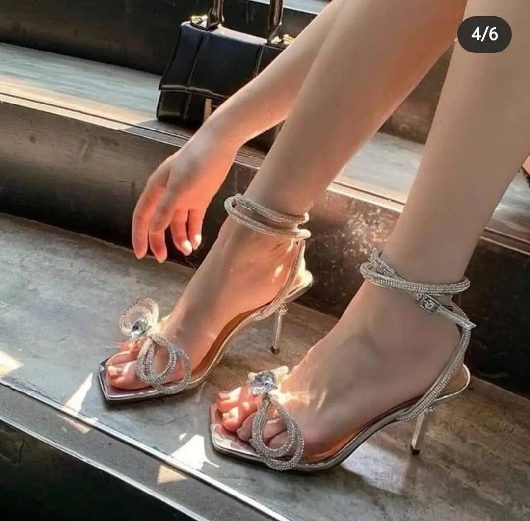 Trendy Summer Silver Square Toe High Heels for Ladies Knot Sandales Talon Femme Ankle Cross Strap Bling Elegant Bow Sandal Heels