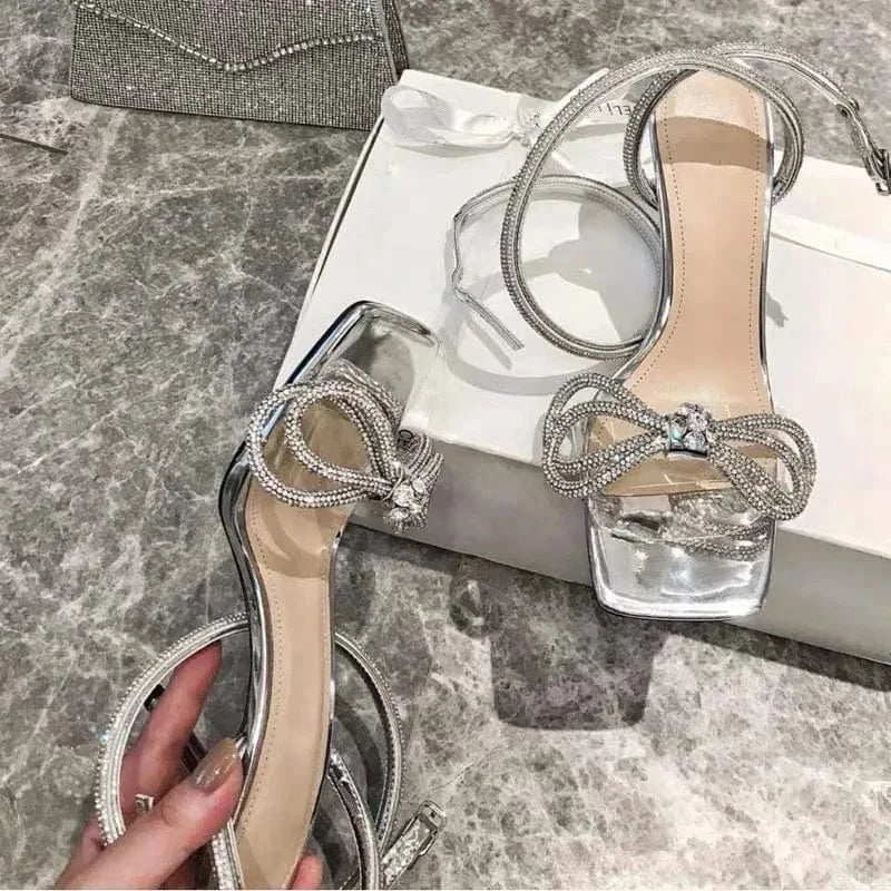 Trendy Summer Silver Square Toe High Heels for Ladies Knot Sandales Talon Femme Ankle Cross Strap Bling Elegant Bow Sandal Heels