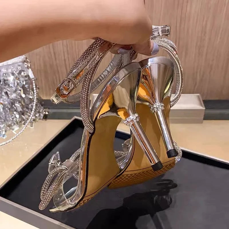 Trendy Summer Silver Square Toe High Heels for Ladies Knot Sandales Talon Femme Ankle Cross Strap Bling Elegant Bow Sandal Heels