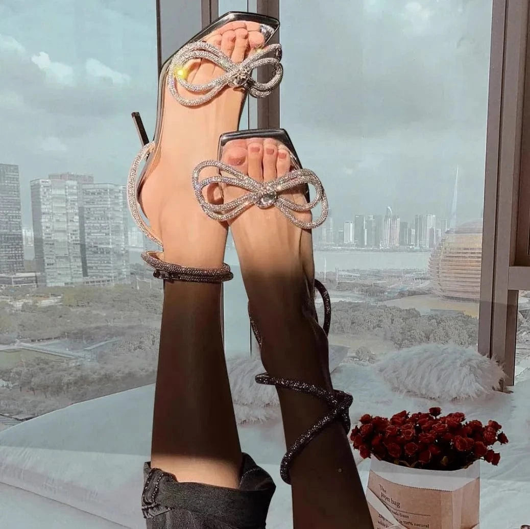 Trendy Summer Silver Square Toe High Heels for Ladies Knot Sandales Talon Femme Ankle Cross Strap Bling Elegant Bow Sandal Heels