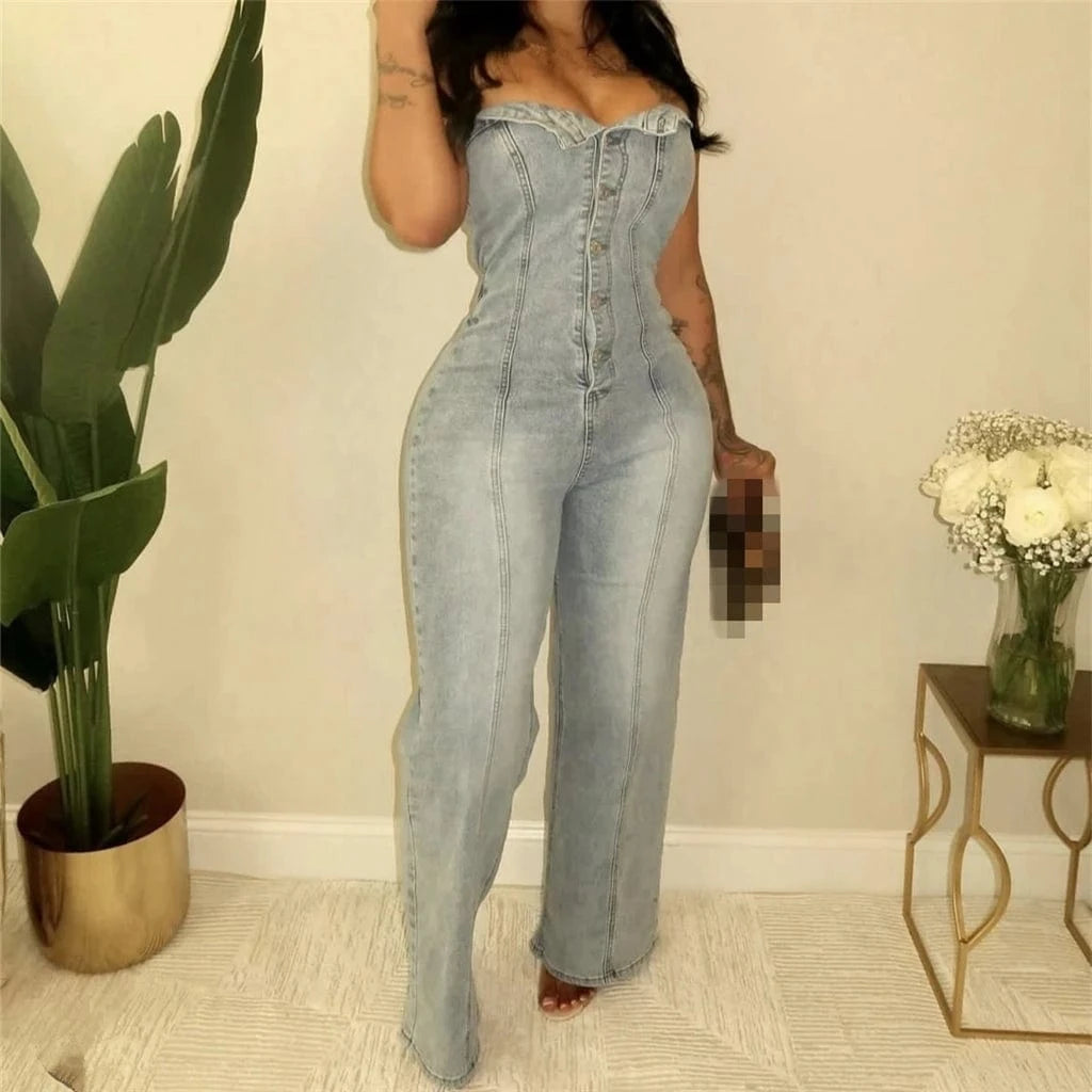 Trendy Unique Fashion Casual Sexy Summer Jumpsuits Sleeveless One Piece Denim Jeans Jumpsuit Woman Lady Jumpsuit For Women