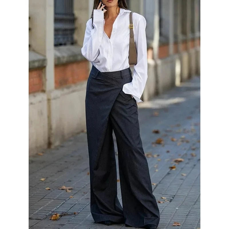 Trendy Women's Solid Color Commuter Pants 2025 Autumn New High Waist Asymmetric Wide Leg Trousers Casual Streetwear Pants