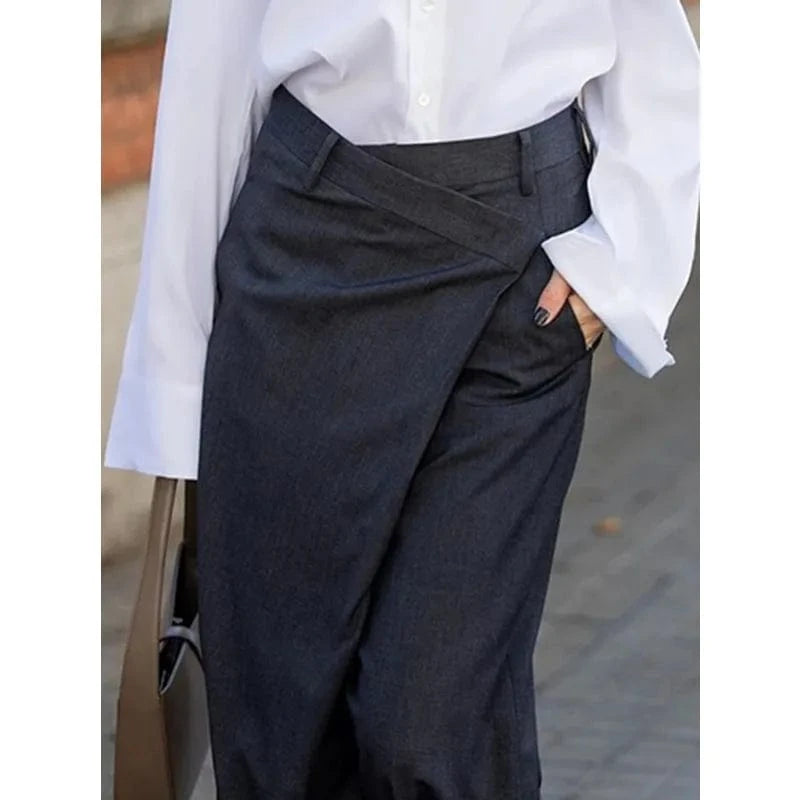 Trendy Women's Solid Color Commuter Pants 2025 Autumn New High Waist Asymmetric Wide Leg Trousers Casual Streetwear Pants