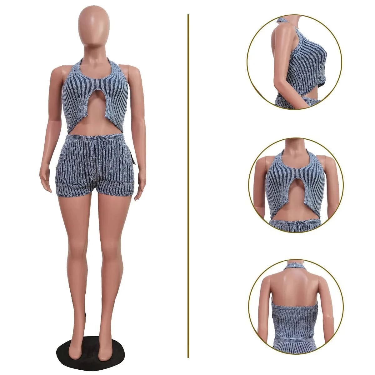 TS1301 New collections 2024 2 pieces workout sets for women knitted striped outfits summer halter crop top two piece short set
