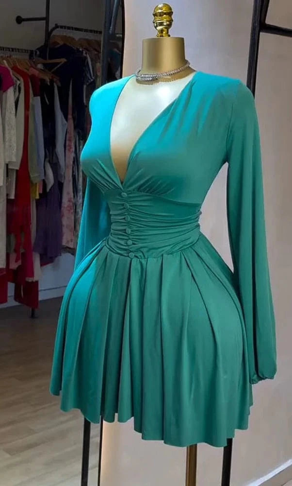Turquoise / L Women Elegant V-Neck Long Sleeve Pleated Dress 2025 Buttons Tunic Waist Sexy Evening Party Luxury Casual Short A Line Dresses