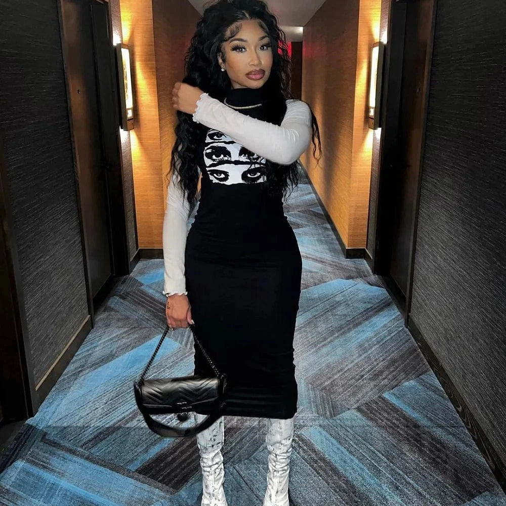 Turtleneck Long Sleeve Skinny Eyes Printed Long Dress Women Contrast Color Pullover Bodycon Dresses