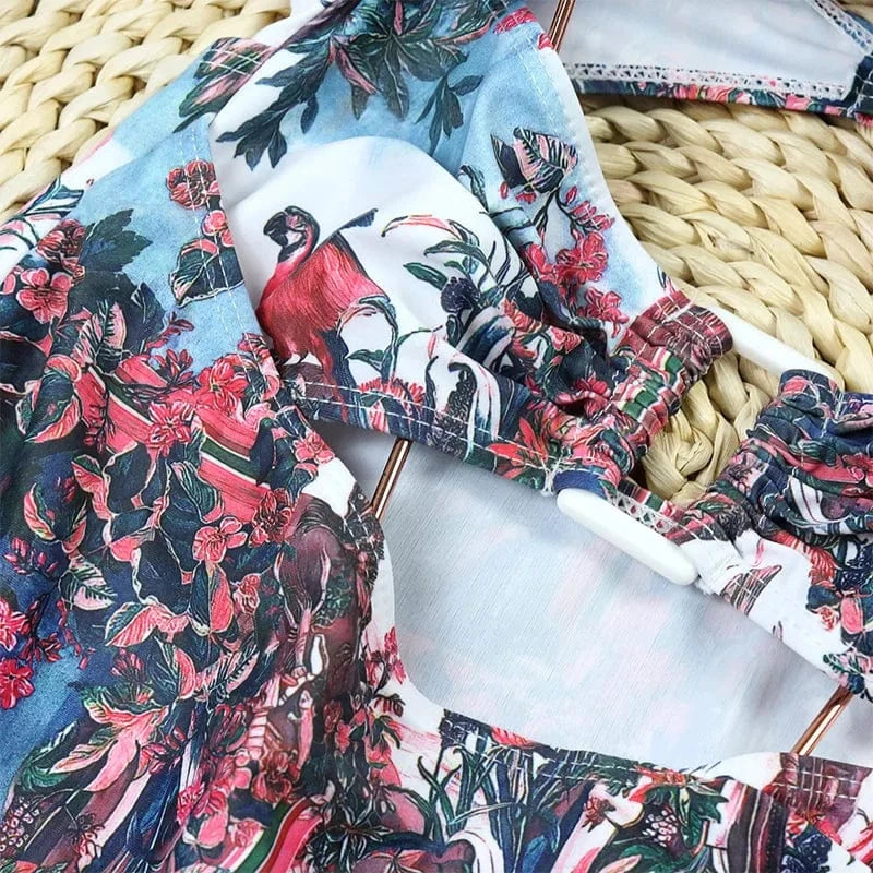 TW 2024 designer bathing suits for women long sleeved swimwear chiffon printed patchwork hollowed out one piece swimsuit