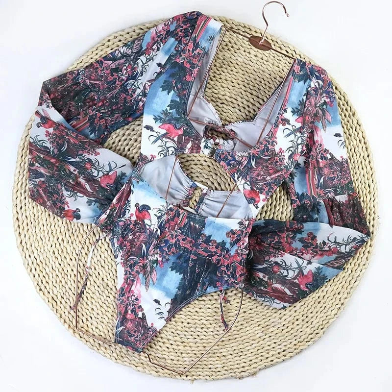 TW 2024 designer bathing suits for women long sleeved swimwear chiffon printed patchwork hollowed out one piece swimsuit