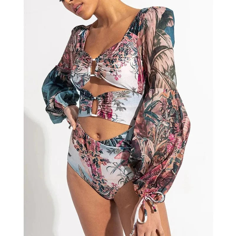 TW 2024 designer bathing suits for women long sleeved swimwear chiffon printed patchwork hollowed out one piece swimsuit