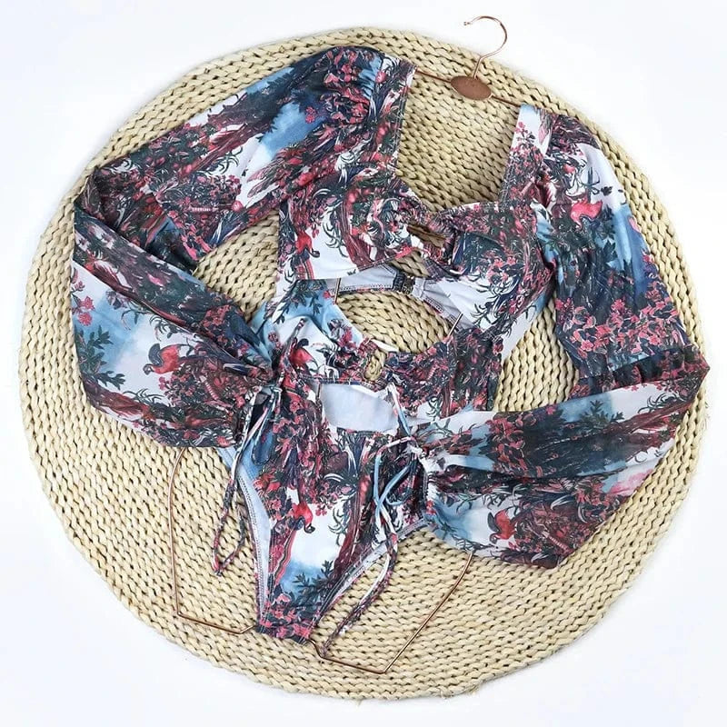 TW 2024 designer bathing suits for women long sleeved swimwear chiffon printed patchwork hollowed out one piece swimsuit
