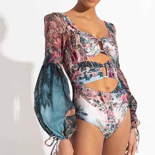 TW 2024 designer bathing suits for women long sleeved swimwear chiffon printed patchwork hollowed out one piece swimsuit