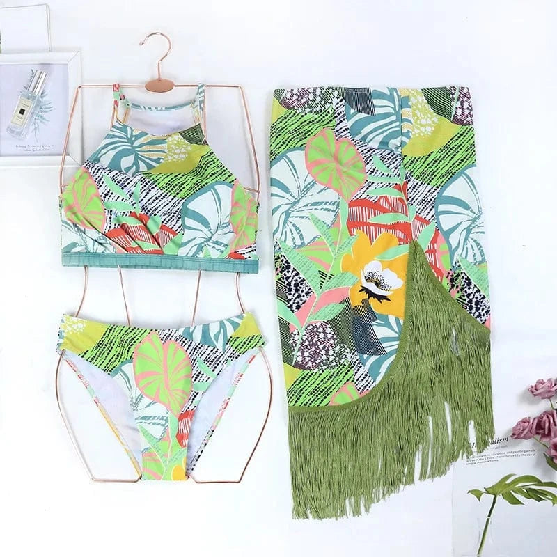 TW 2024 latest designer high neck tassel bikini set print bathing suit manufactures luxury skirt swimwear dress beachwear bikini