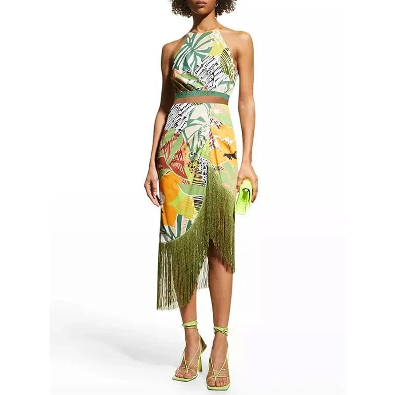 TW 2024 latest designer high neck tassel bikini set print bathing suit manufactures luxury skirt swimwear dress beachwear bikini