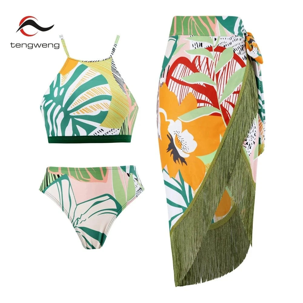 TW 2024 latest designer high neck tassel bikini set print bathing suit manufactures luxury skirt swimwear dress beachwear bikini
