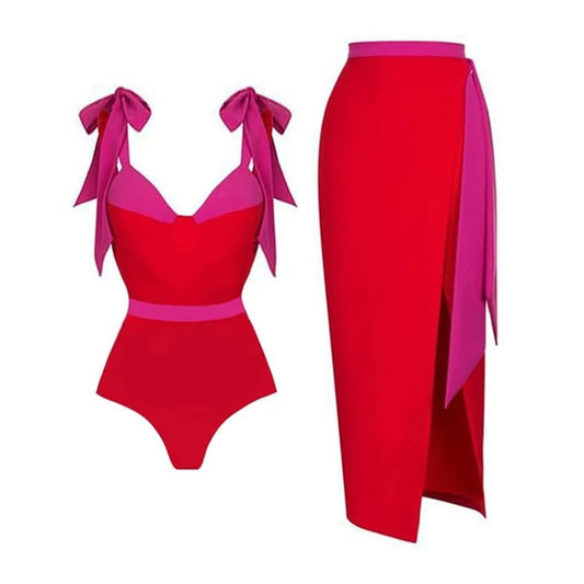 TW  2024 New One-piece Swimsuit Bow Bikini With Cove Up Women