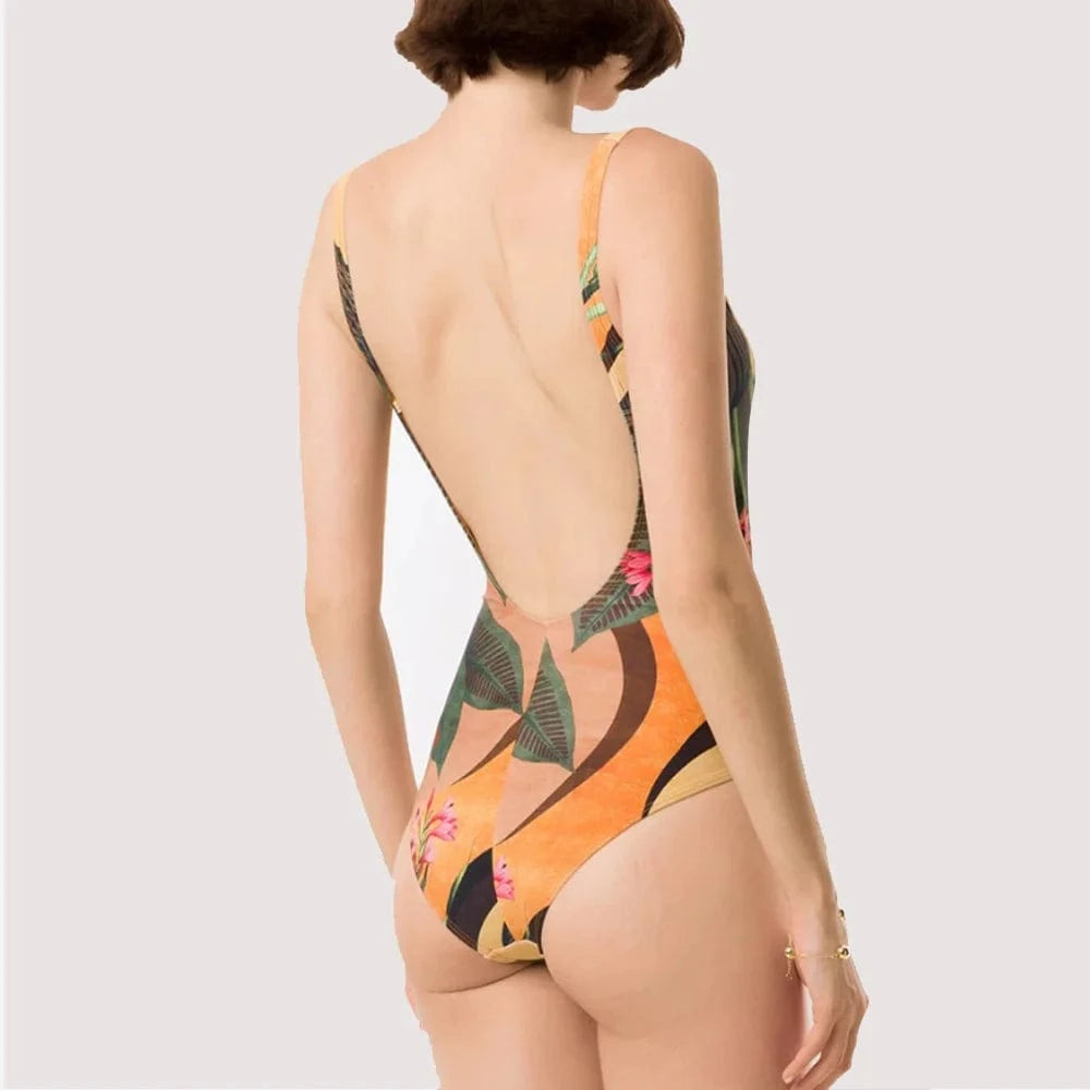 TW 2024 trajes de bano women custom deep v neck ruched swimwear bikini set beach print one piece swimsuit beachwear cover up