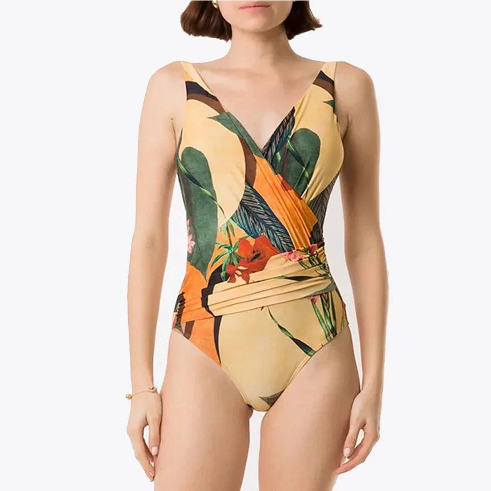 TW 2024 trajes de bano women custom deep v neck ruched swimwear bikini set beach print one piece swimsuit beachwear cover up