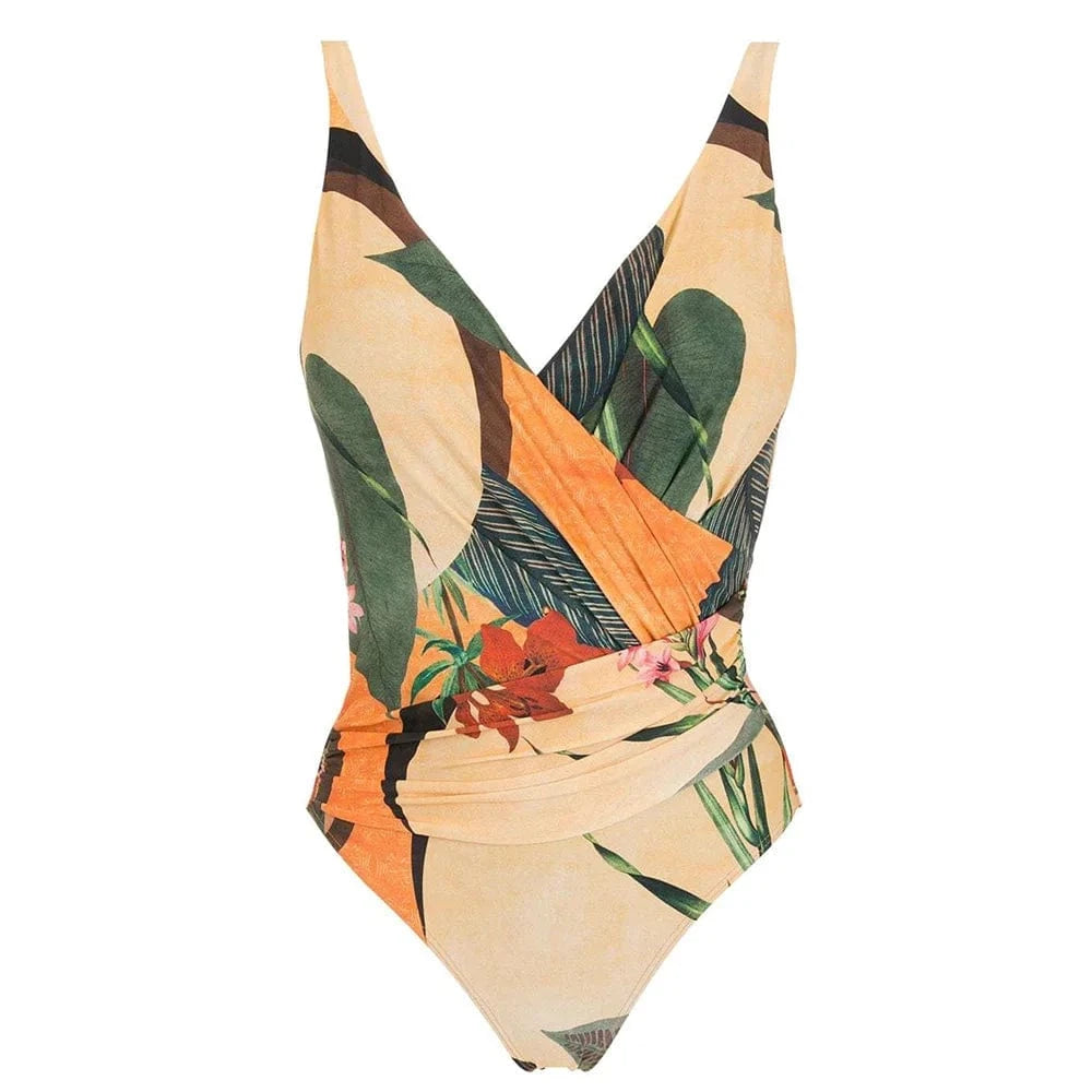 TW 2024 trajes de bano women custom deep v neck ruched swimwear bikini set beach print one piece swimsuit beachwear cover up