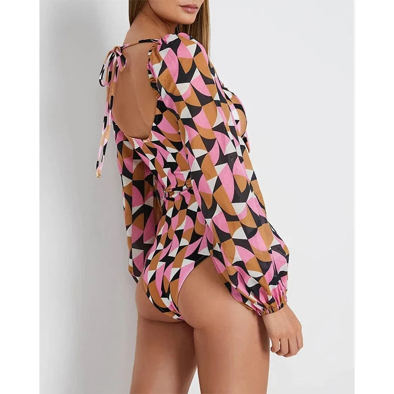 TW New 2024 Printed Women Swimwear V-Neck Bathing Suit Beachwear Hollow Out Swimsuit One Pieces Long Sleeve Swimming Wear
