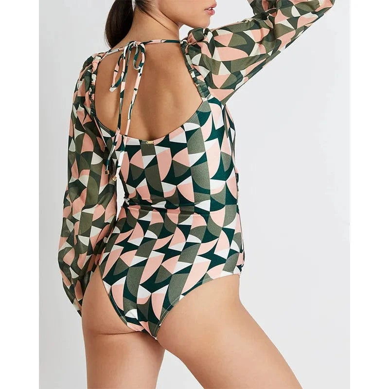 TW New 2024 Printed Women Swimwear V-Neck Bathing Suit Beachwear Hollow Out Swimsuit One Pieces Long Sleeve Swimming Wear