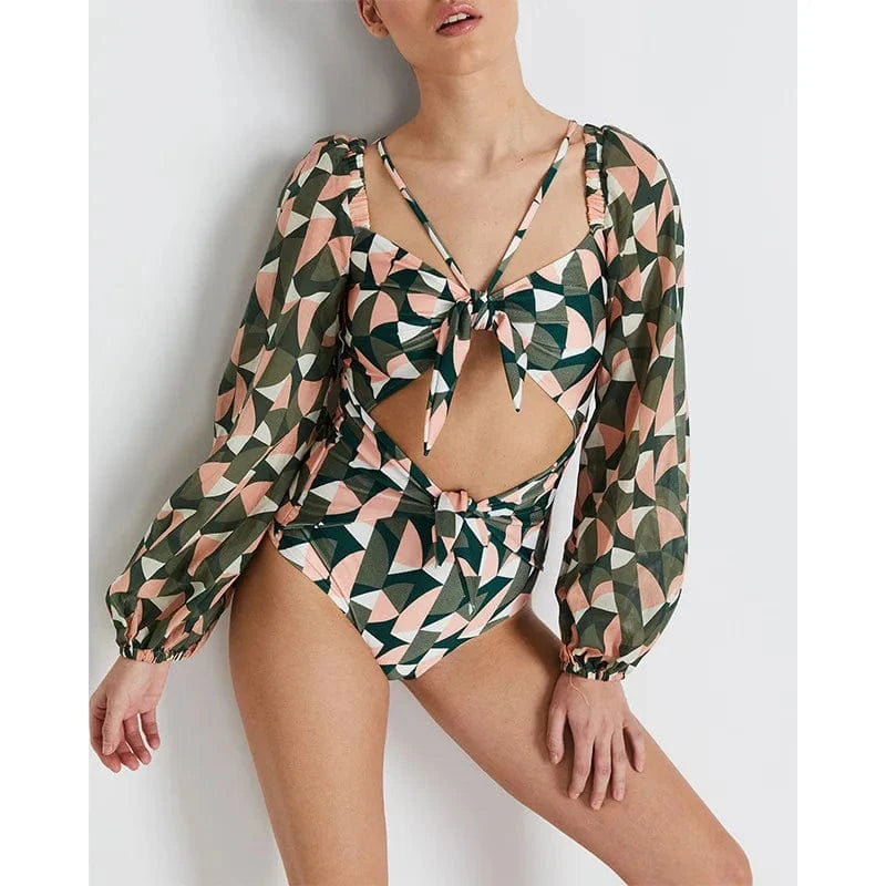 TW New 2024 Printed Women Swimwear V-Neck Bathing Suit Beachwear Hollow Out Swimsuit One Pieces Long Sleeve Swimming Wear