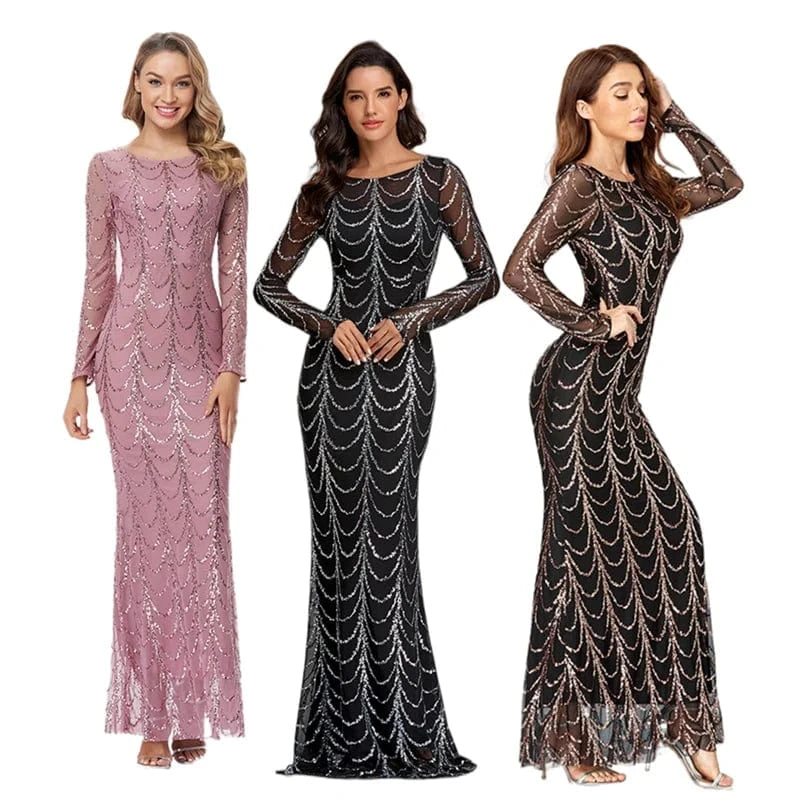 TW00028 New Design Spring Summer Slim Banquet Mermaid Dress Elegant Long Sleeve O-neck Sequin Dresses Women Party Evening Dress