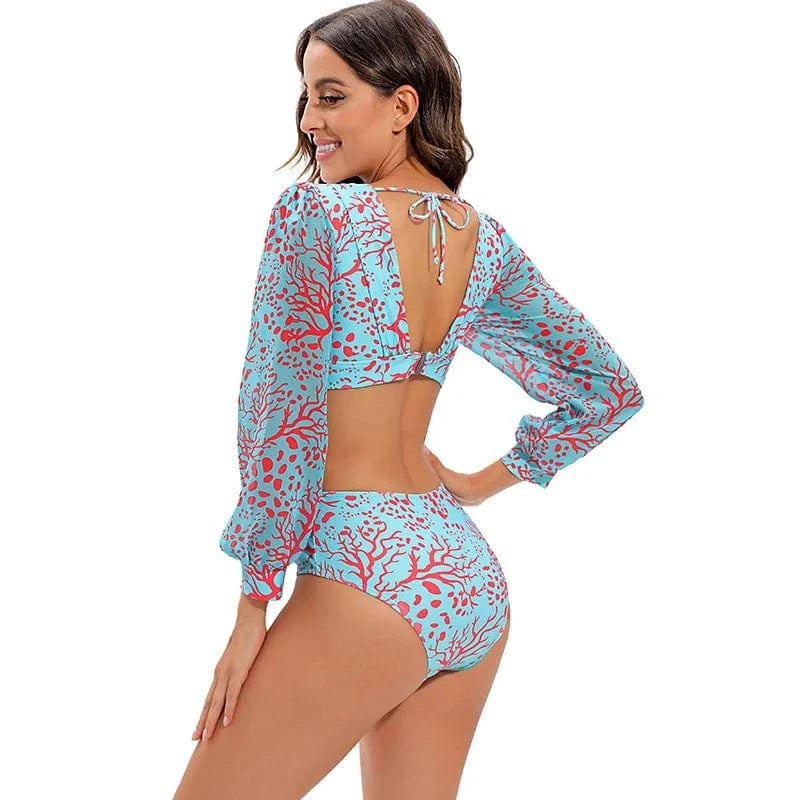 TW71004 Swimwear Women Print 2024 Puffy One Piece Swimsuit Flared Sleeves Bathing Suit Retro Ruffle Strap Vintage Beachwear set