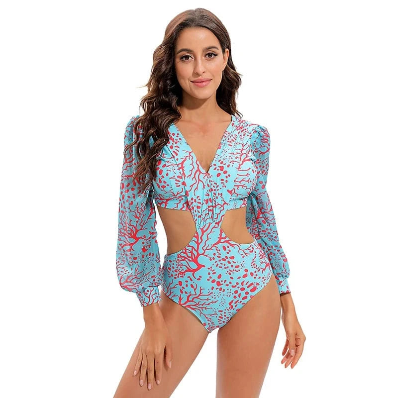 TW71004 Swimwear Women Print 2024 Puffy One Piece Swimsuit Flared Sleeves Bathing Suit Retro Ruffle Strap Vintage Beachwear set