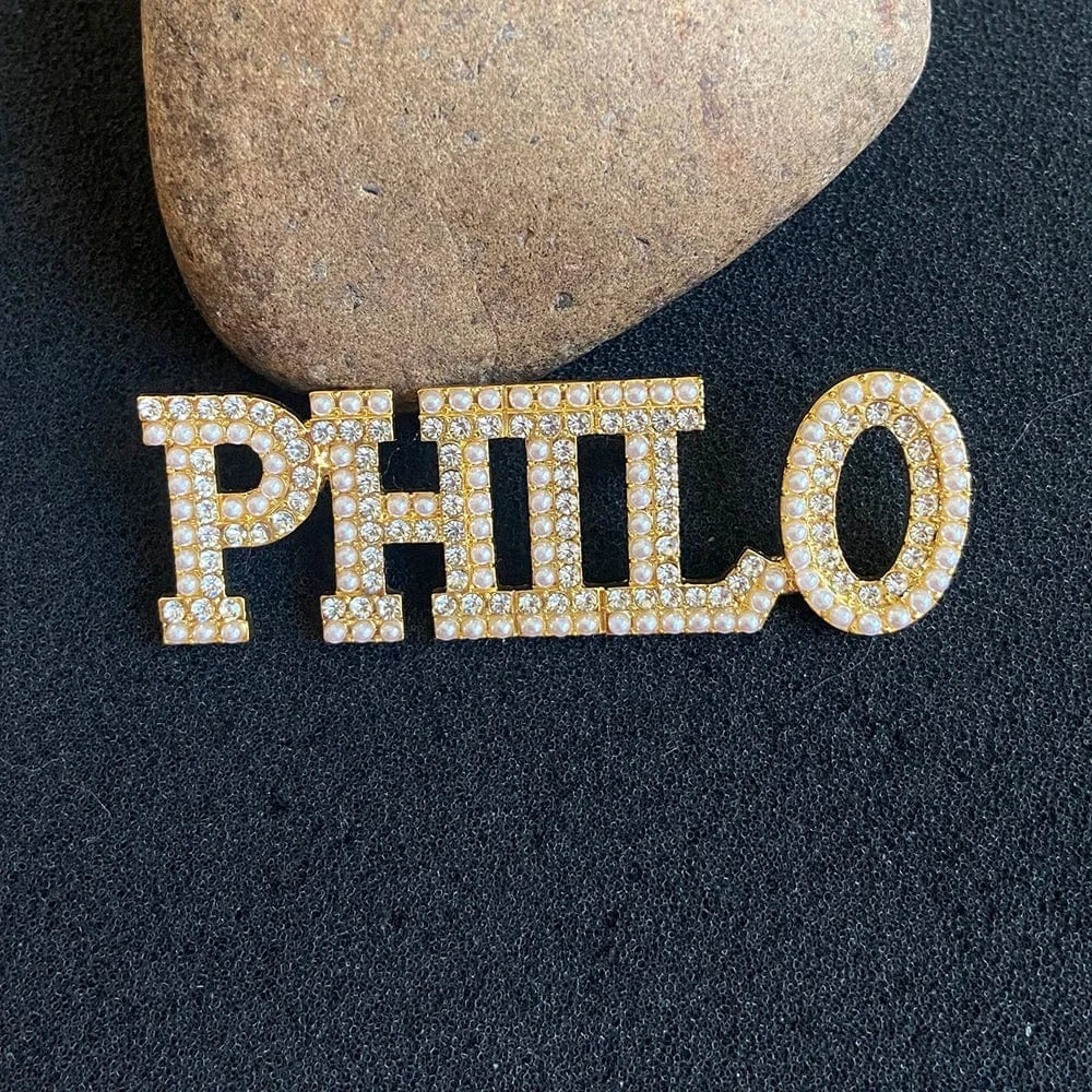 Two Layer Big Fraternity Sorority Graduation Gift Sigma Gamma Rho Greek Brooch Rhinestone Pearl Letter Gold PHILO Lapel Pin