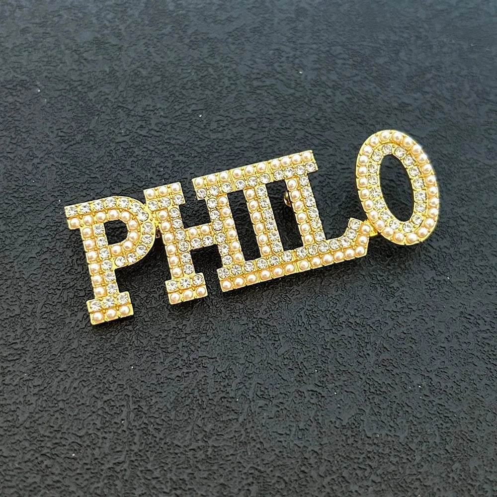 Two Layer Big Fraternity Sorority Graduation Gift Sigma Gamma Rho Greek Brooch Rhinestone Pearl Letter Gold PHILO Lapel Pin
