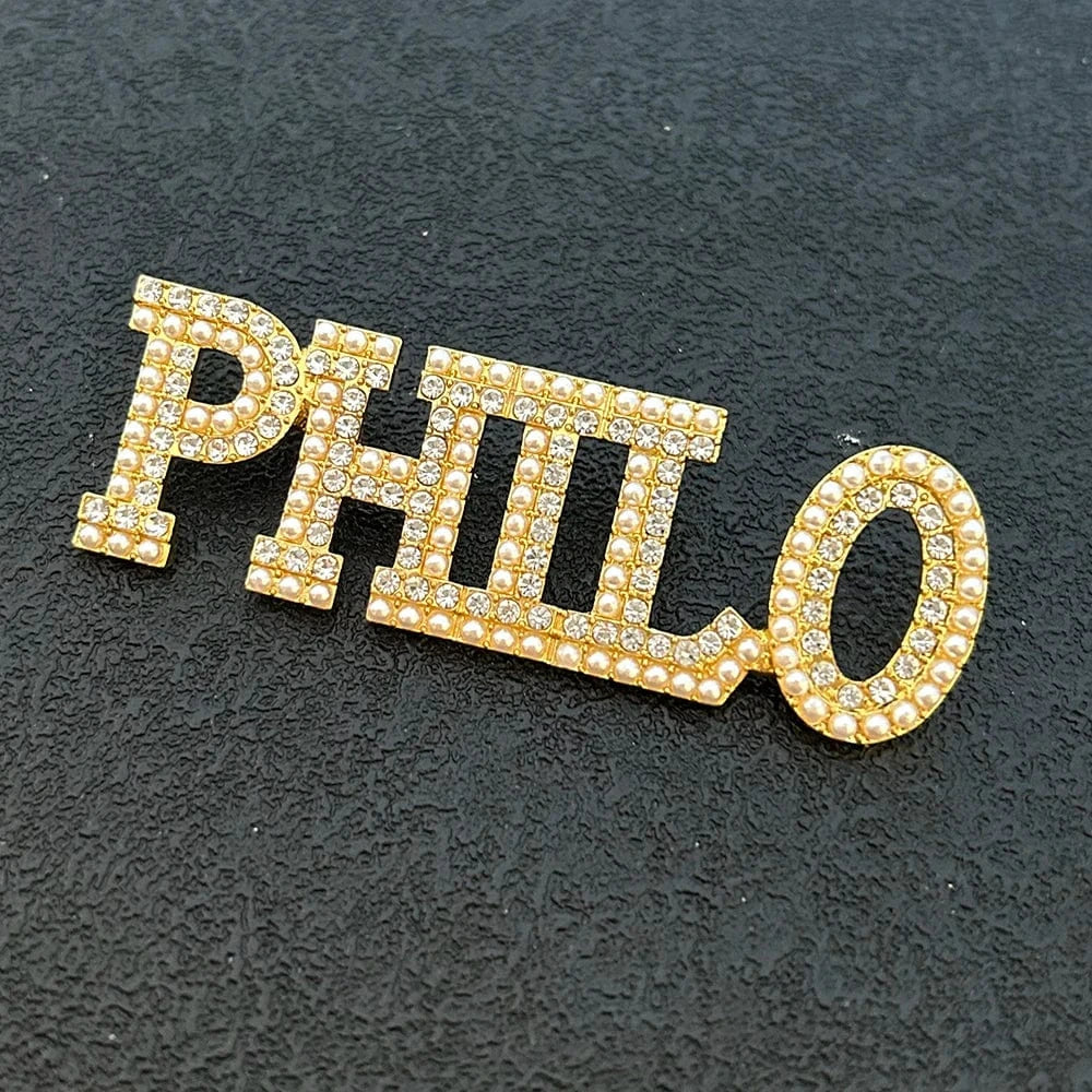 Two Layer Big Fraternity Sorority Graduation Gift Sigma Gamma Rho Greek Brooch Rhinestone Pearl Letter Gold PHILO Lapel Pin