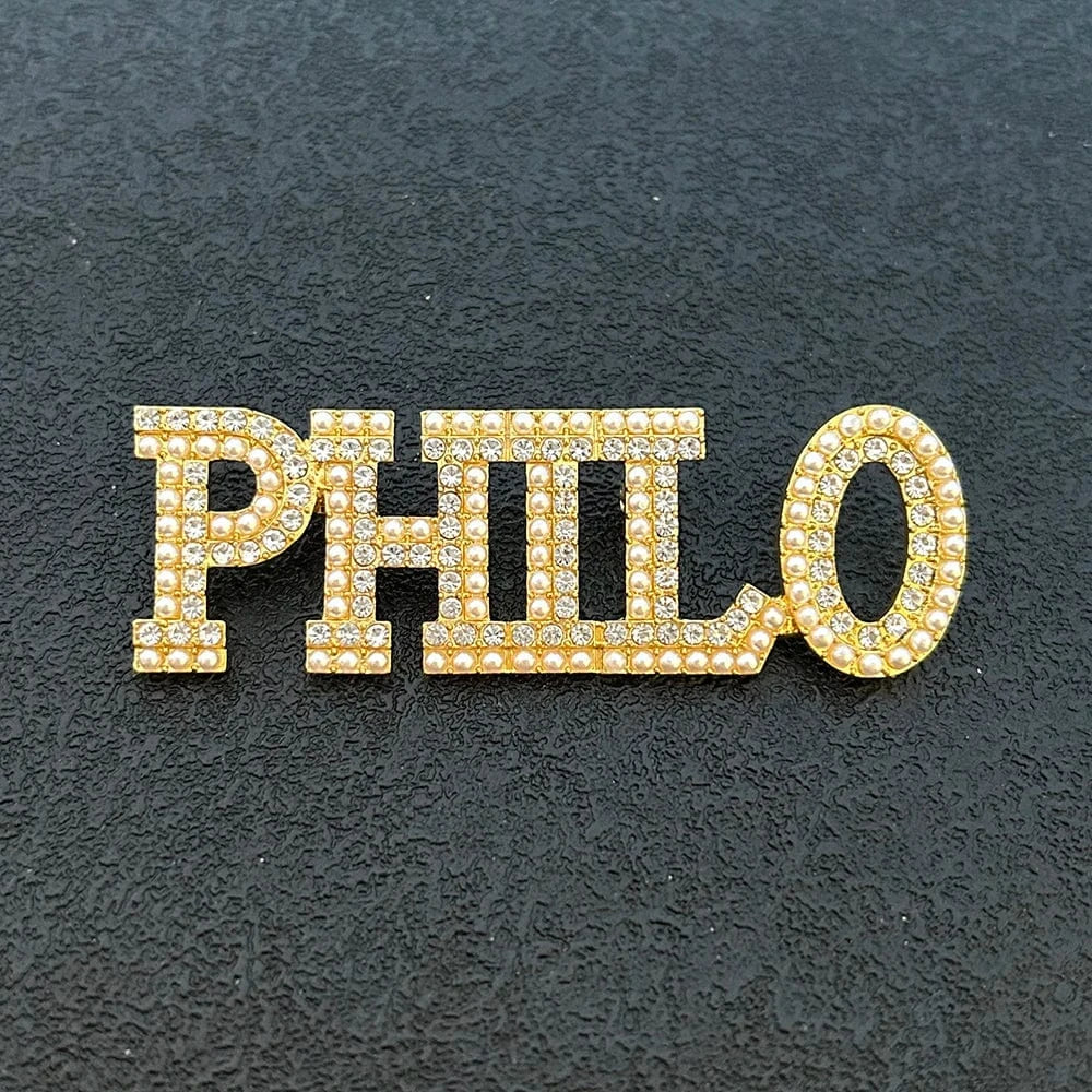 Two Layer Big Fraternity Sorority Graduation Gift Sigma Gamma Rho Greek Brooch Rhinestone Pearl Letter Gold PHILO Lapel Pin