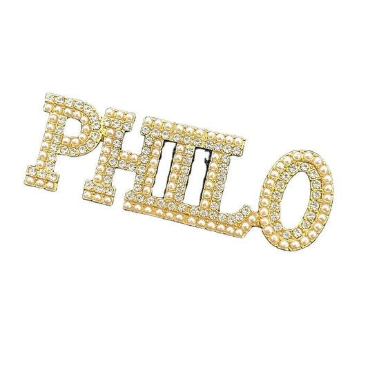 Two Layer Big Fraternity Sorority Graduation Gift Sigma Gamma Rho Greek Brooch Rhinestone Pearl Letter Gold PHILO Lapel Pin