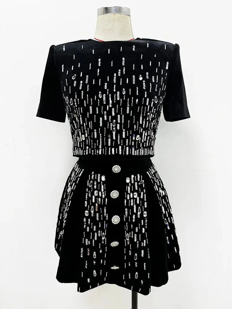 Two-Piece Beaded Sequined Skirt Suit