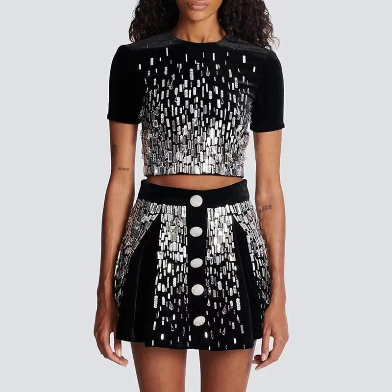 Two-Piece Beaded Sequined Skirt Suit