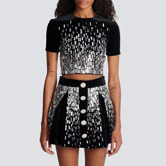 Two-Piece Beaded Sequined Skirt Suit