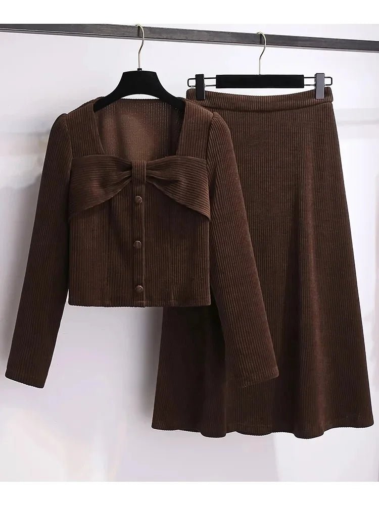 Two - Piece Corduroy Jacket And Mini Skirt Set + Red Color + Elegant Autumn Chic Style - SN Wigs & More