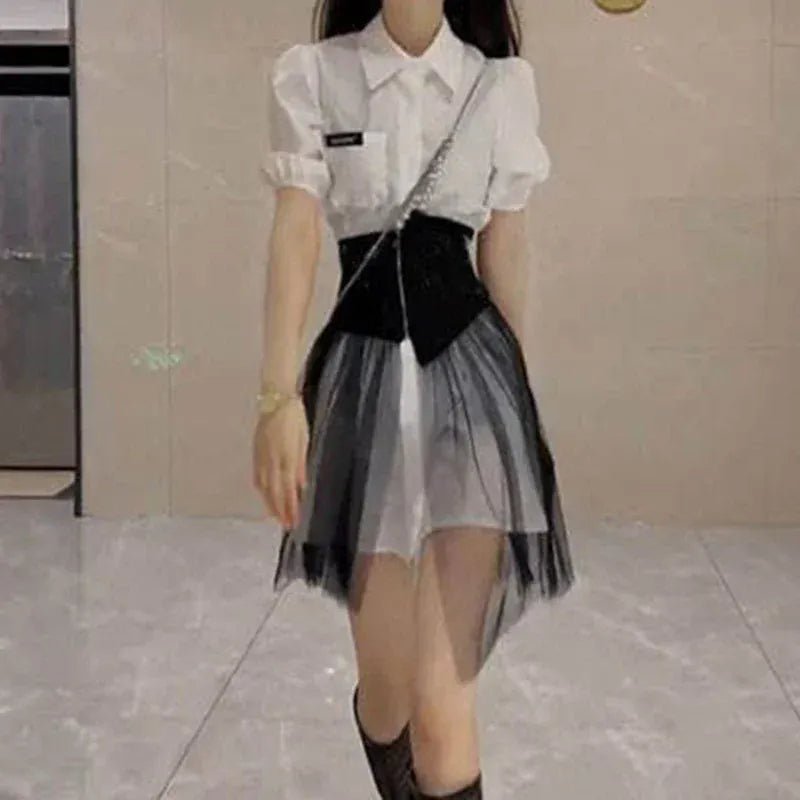 Two - piece dress is fashionable, western - style, long lapel, slim, waist mesh and asymmetric shirt skirt. - SN Wigs & More