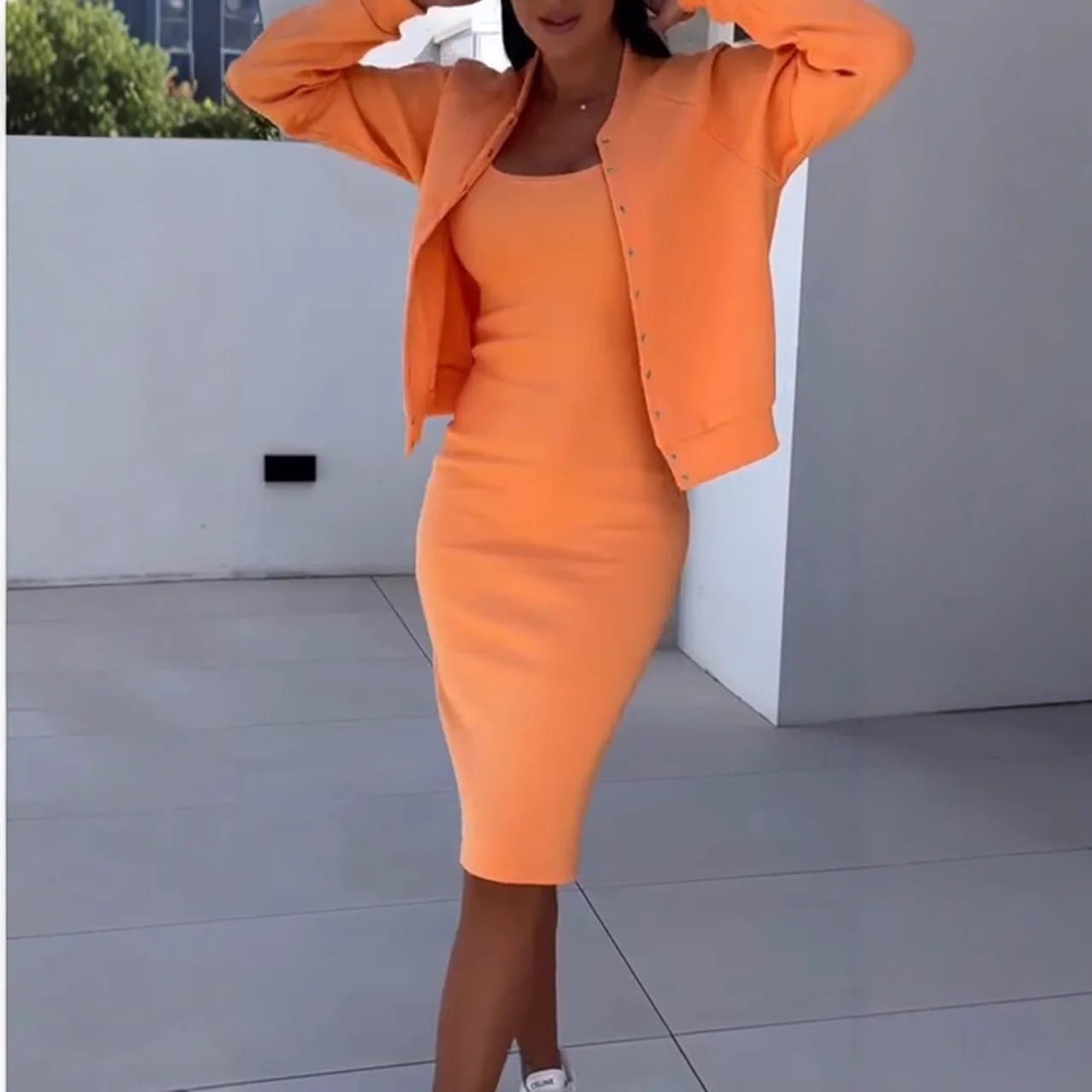 Two Piece Dress Set Solid Color Sleeveless Maxi Dress With Cover Up Cardigan Split Hem High Waist Elegant Style - SN Wigs & More