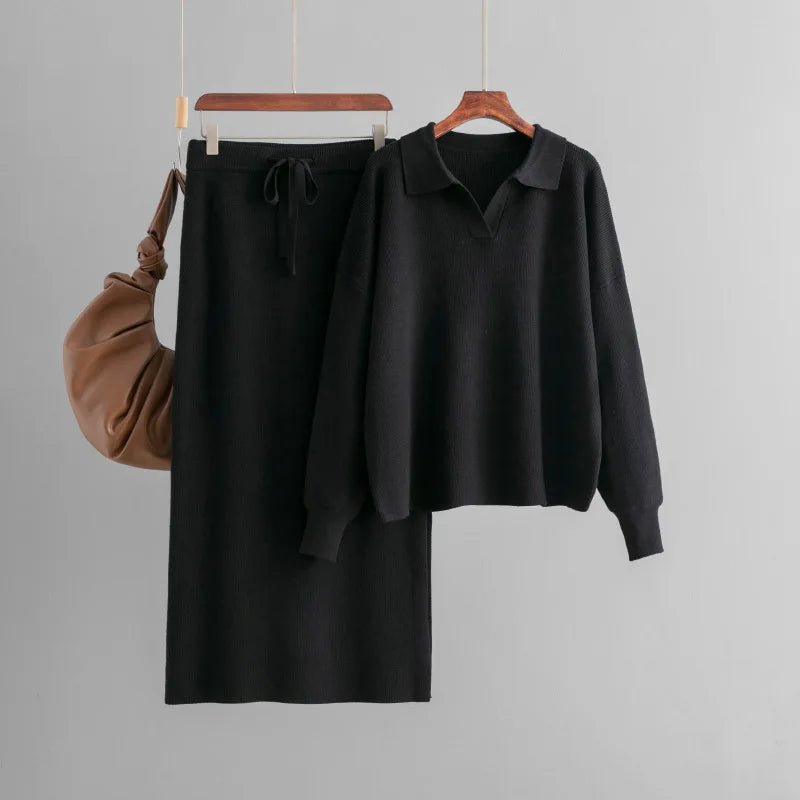 Two Piece Knit Set With Polo Neck Pullover And High Waist Skirt Fall Winter Style - SN Wigs & More