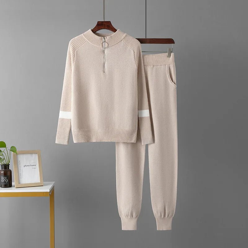 Two Piece Knit Set + Zippered O Neck Knit Top And High Waist Sweatpants + Casual Style - SN Wigs & More