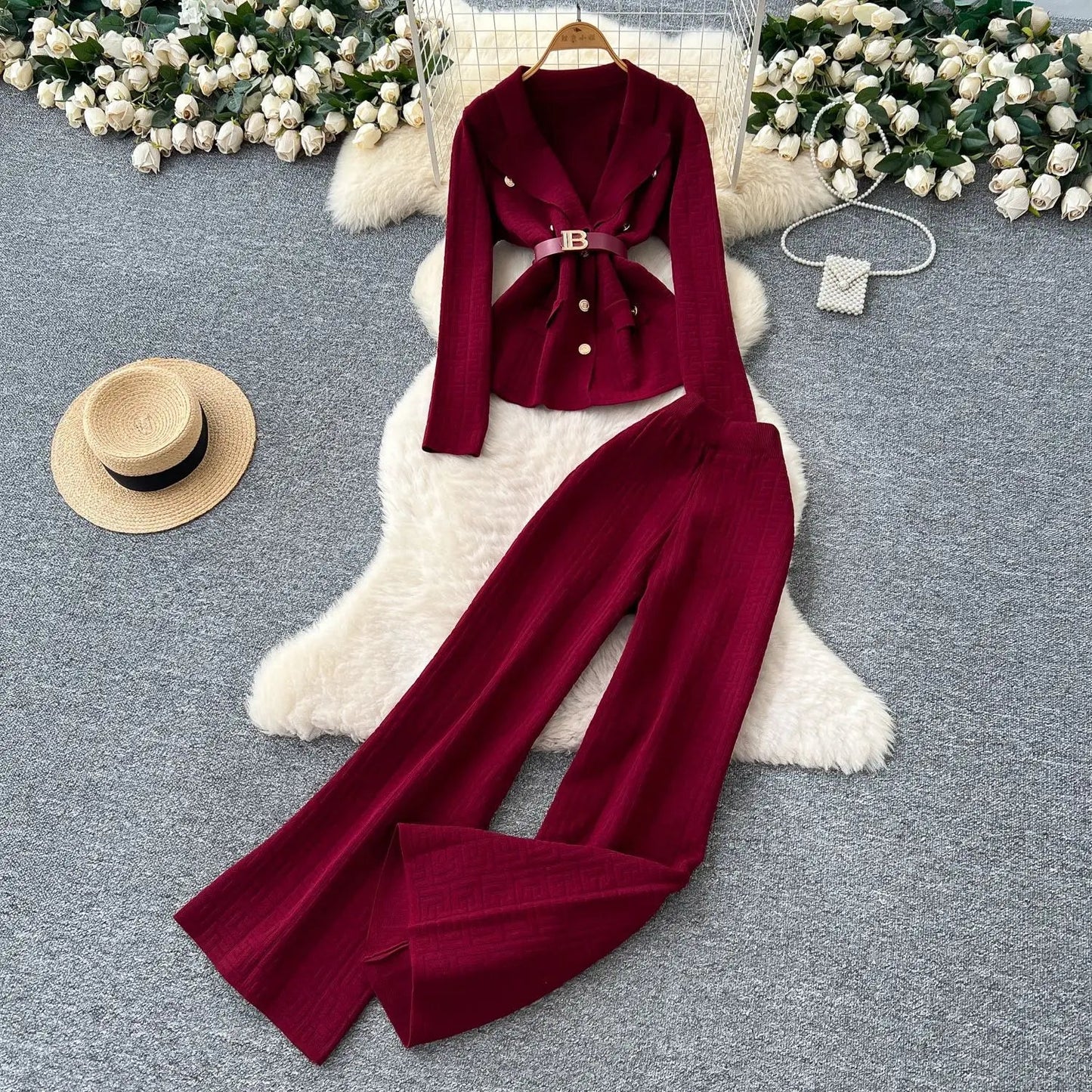 Two Piece Pant Set Turn Down Collar With High Elastic Waist Y2K Streetwear Elegant - SN Wigs & More